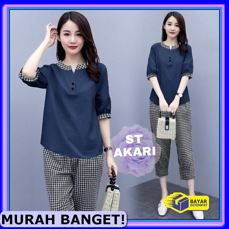 One Set Wanita Import Premium Bangkok/ Set Pleats Plisket/ Setela GO933 Stelan Akira Kotak Navy [Set