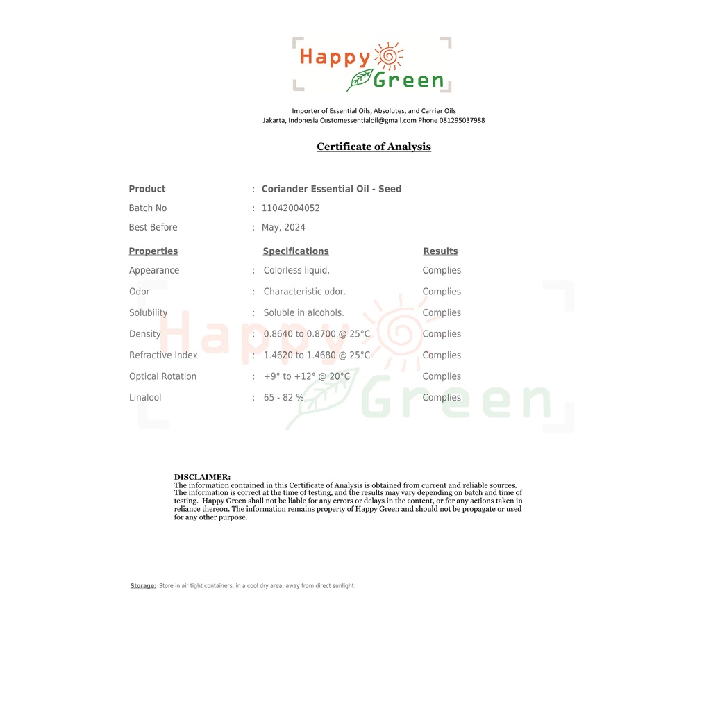 Happy Green Coriander Seed Essential Oil - Minyak Biji Ketumbar