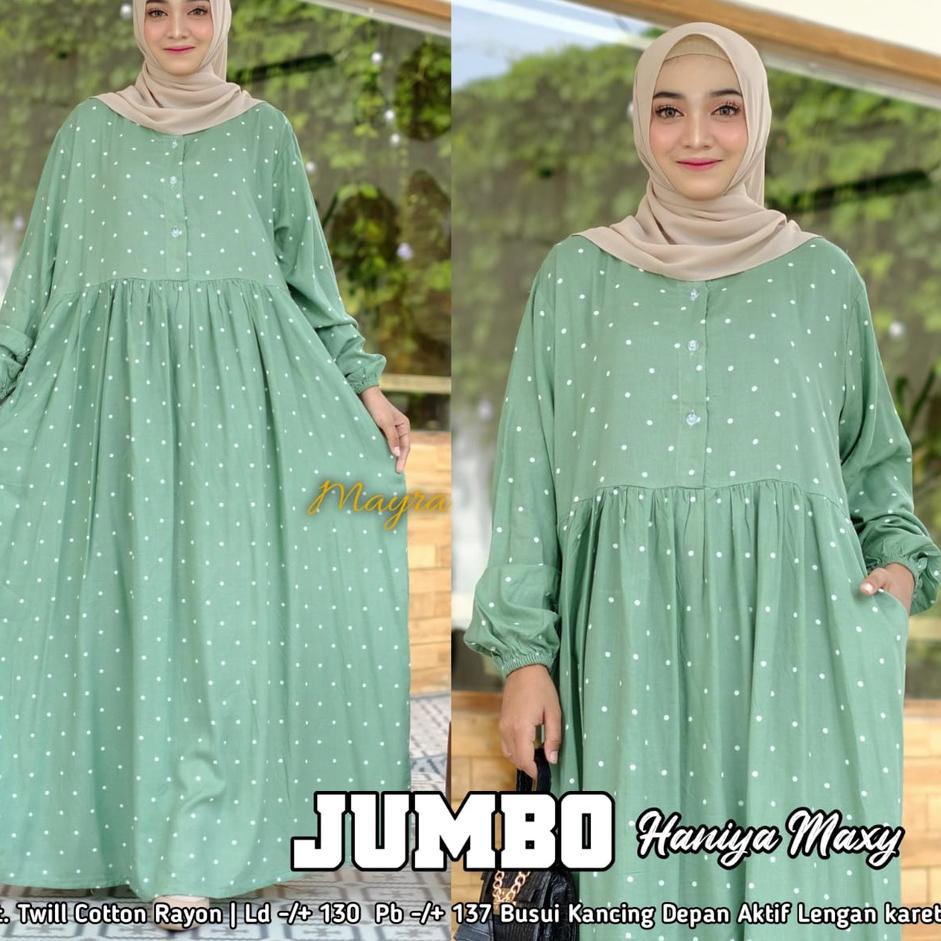 GAMIS PUTIH DAN HITAM BAHAN RAYON TWILL JUMBO LD 130 MOTIF POLKADOT - HANIYA ‣ KMN.25Au22υ