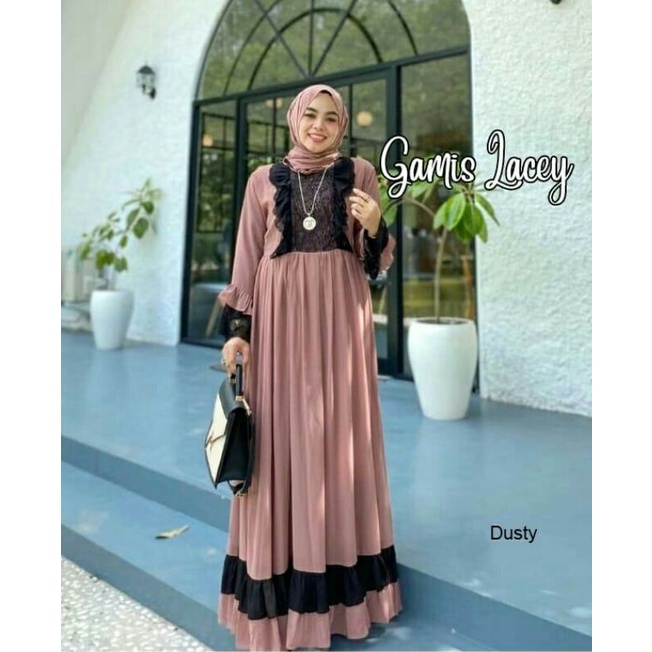 Gamis Lacey hijau ijo green botol dusty maxi dress wanita mewah bahan Ceruty babydoll lace mewah new