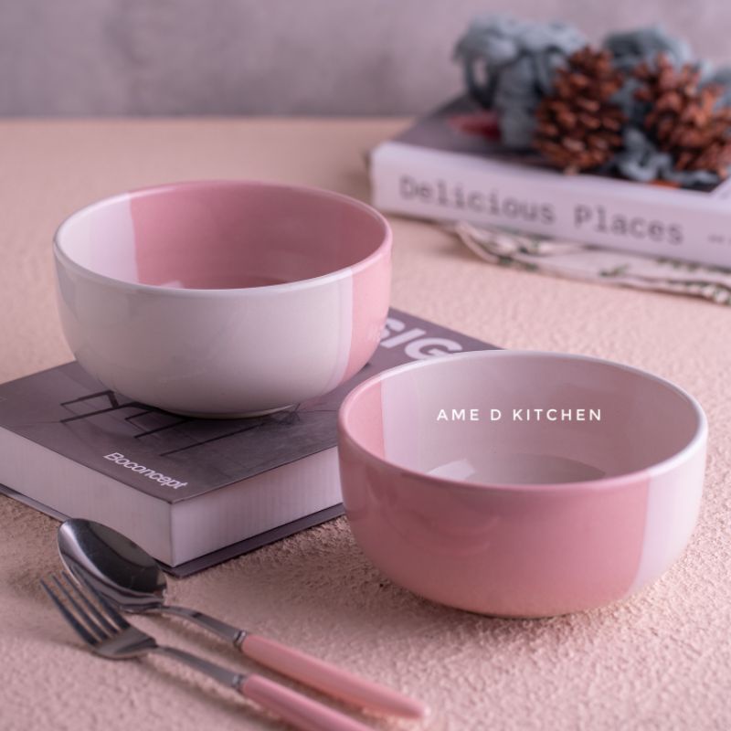 Mangkok sup bulat keramik two tone pink