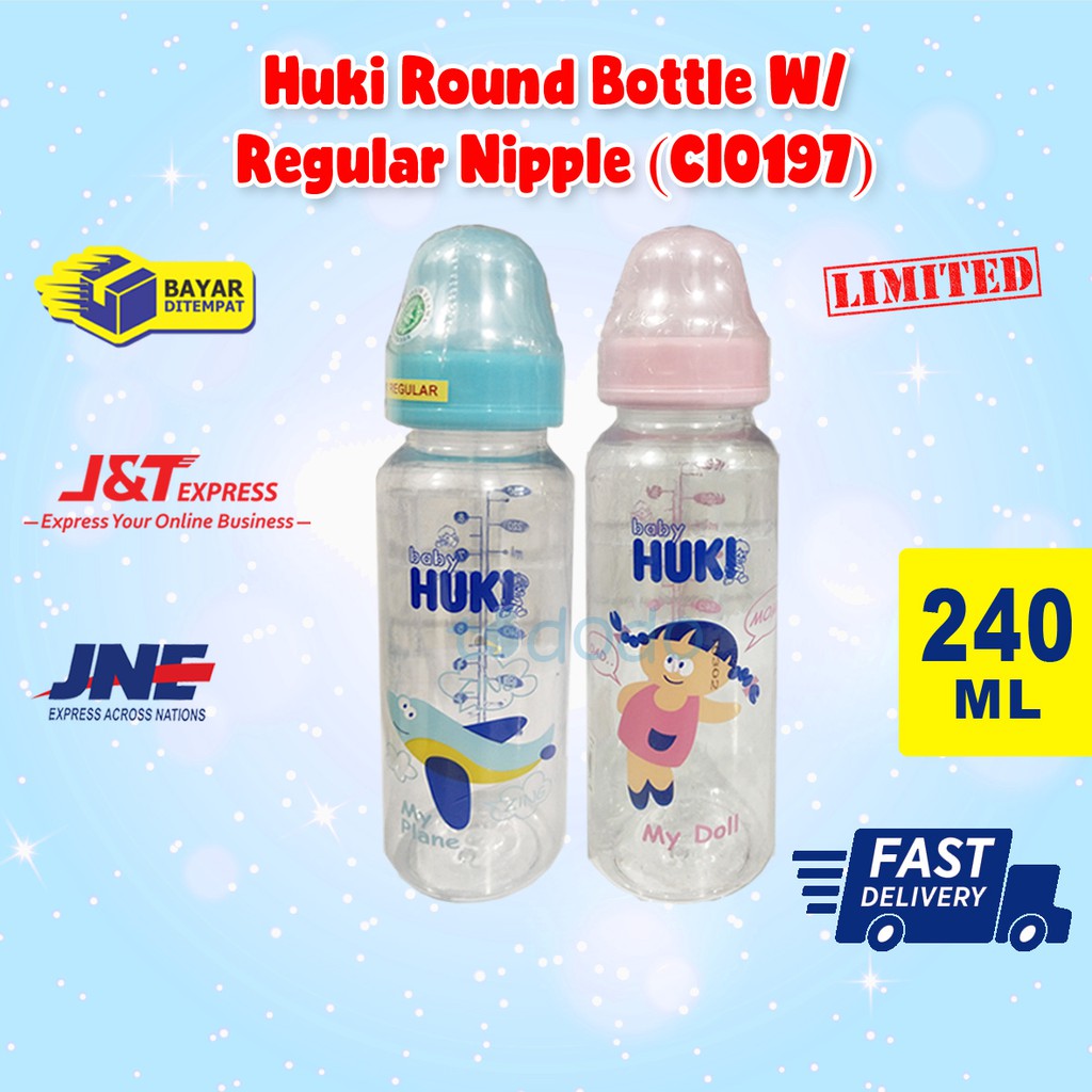 Botol Susu Bayi Huki Round Bottle W/ Regular Nipple 240ml (CI0197)