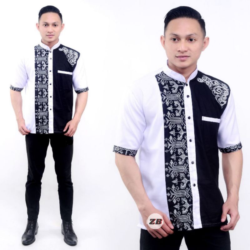 Baju Koko Pria Bordir Kombinasi Batik Semi Songket / Atasan Muslim Pria Koko Hilwa Murah-Silver Pendek