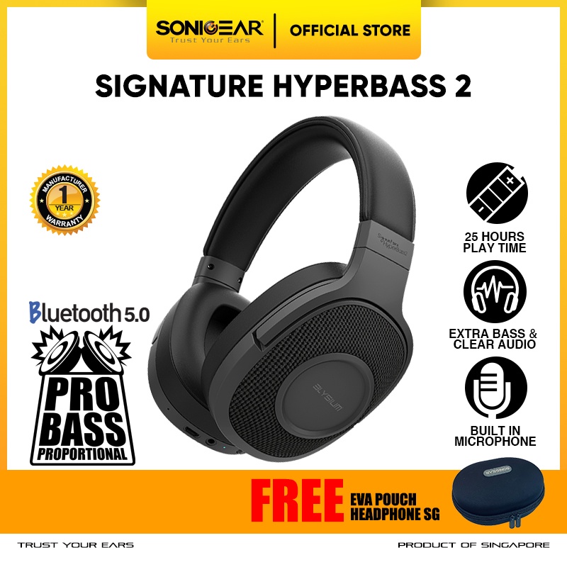 Elysium Signature HyperBass 2 Over-Ear Wireless Bluetooth Headphone Free Eva Headphone Pouch