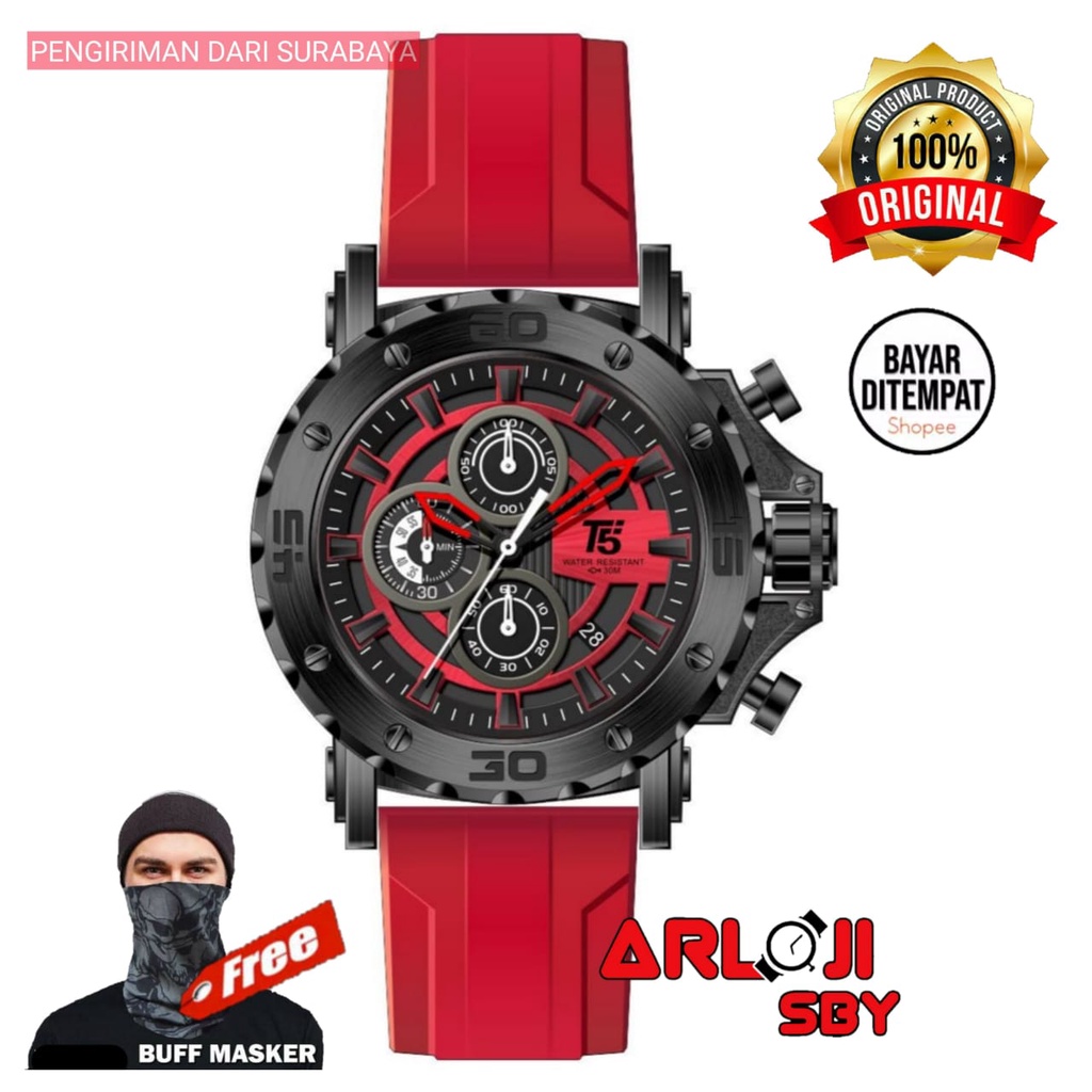 JAM TANGAN PRIA T5 H 3865 ORIGINAL TAHAN AIR 3 ATM CHRONOGRAPH RED RUBBER STRAP FREE BOX PAPPER BAG