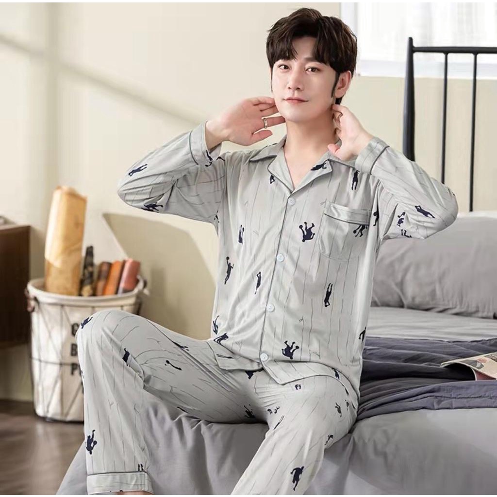 BAJU TIDUR PIYAMA COWOK KATUN IMPORT BERKUALITAS MOTIF KRA KANCING LIMA LENGAN PANJANG SETELAN CELANA PANJANG WARNA GELAP TERBARU BAPAK BAPAK SIZE L-XXXL FIT TO 85KG