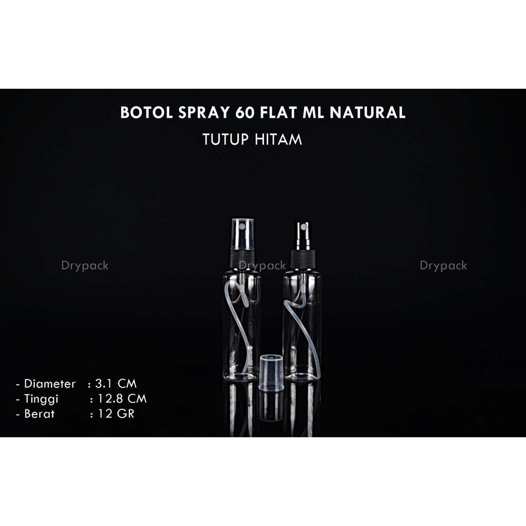 Botol Spray 60 ml Flat Natural tutup Hitam