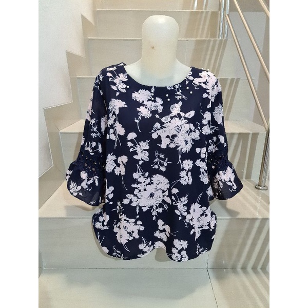 Blouse Brukat Bunga Renda Combi Brukat Impor XL-2XL-202 - Navy Ld 108