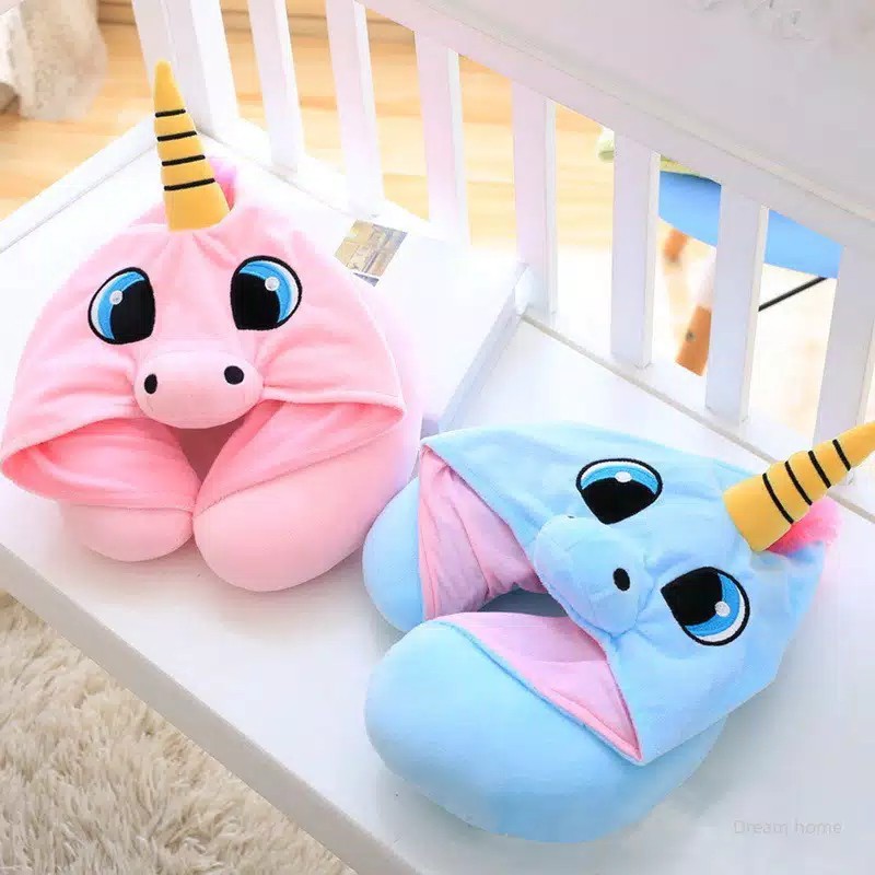 Bantal leher neck pillow hoodie travel traveling gemoy mini anak dewasa aesthetic lucu karakter unicorn imut empuk dan lembut import