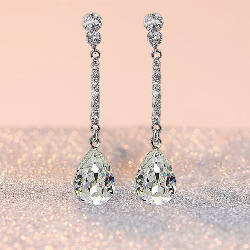 Anting Juntai Bentuk Water Drop Cubic Zirconia Kristal Warna Silver Untuk Wanita