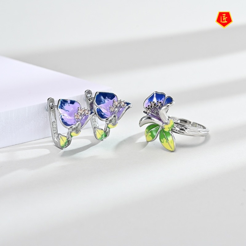 [Ready Stock]S925 Silver Enamel Ring Flower Pendant and Earrings Set