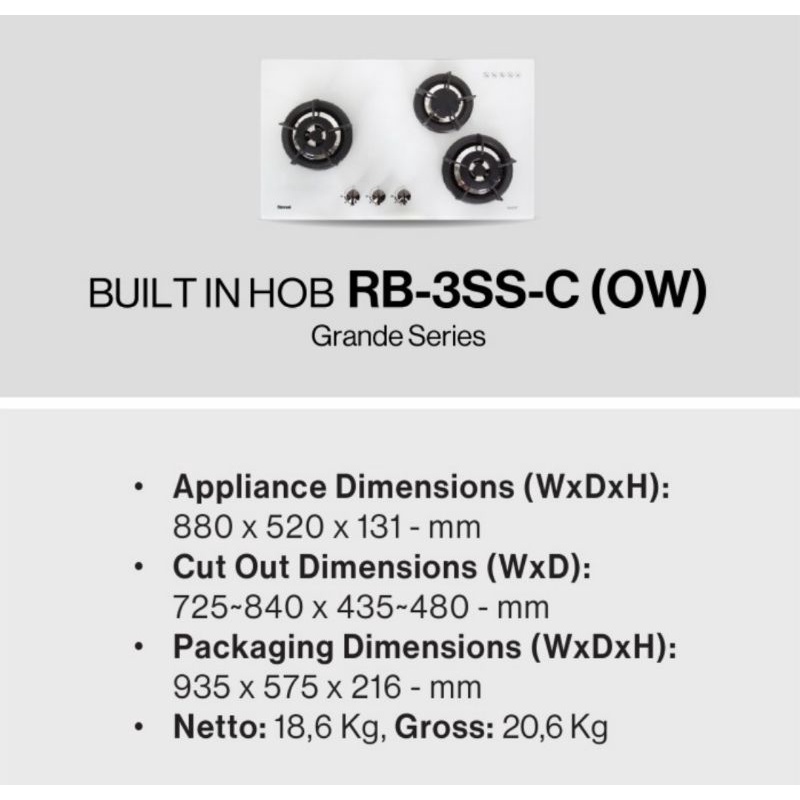 Kompor Tanam Rinnai Kaca RB-3SS-C (OW) Optical White 3 tungku