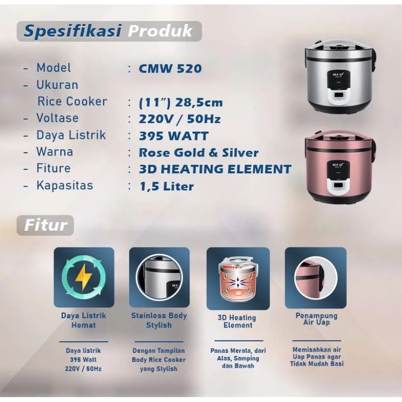 SEKAI Rice Cooker 3 In 1 Penanak Nasi 1,8 Liter CMW 520 Anti Basi