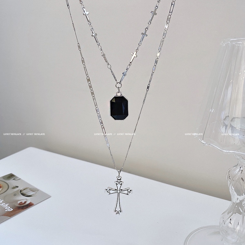 Black Diamond Cross Multilayer Necklace Accessories Personality Street Hip Hop Clavicle Chain