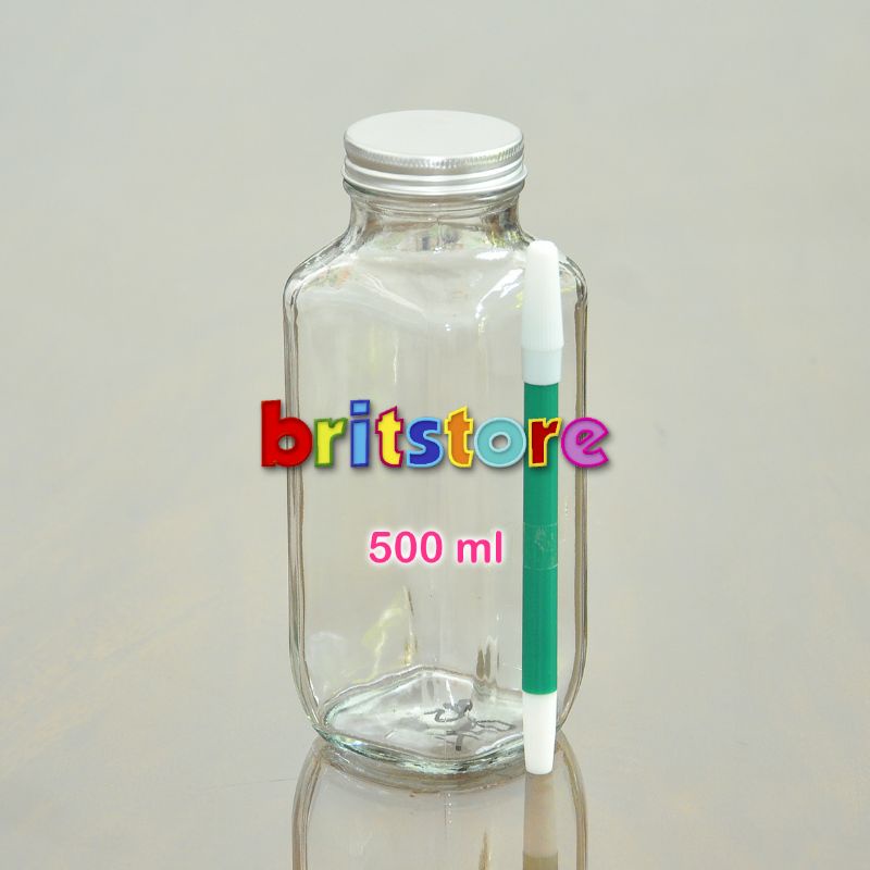 Botol Kaca Segi Empat 500ml NCP Tutup Silver/ Botol Kaca Unik Juice Kopi Susu Madu/ Botol Kopi Unik
