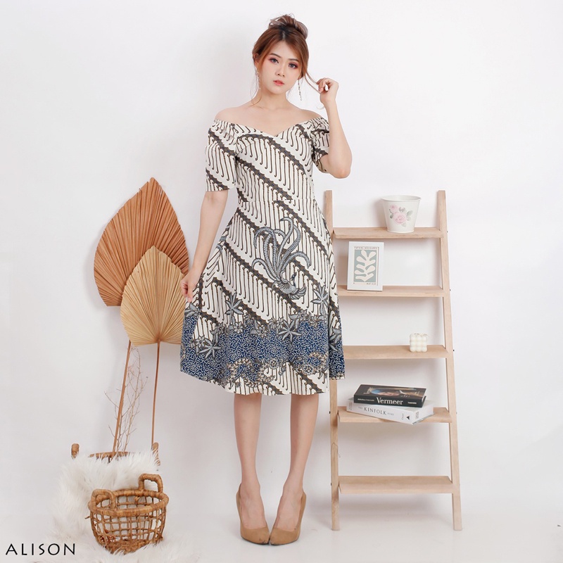 Evercloth Alison Dress Batik Wanita Sabrina Dress Wanita Batik Modern Gaun Pesta Aline Terusan