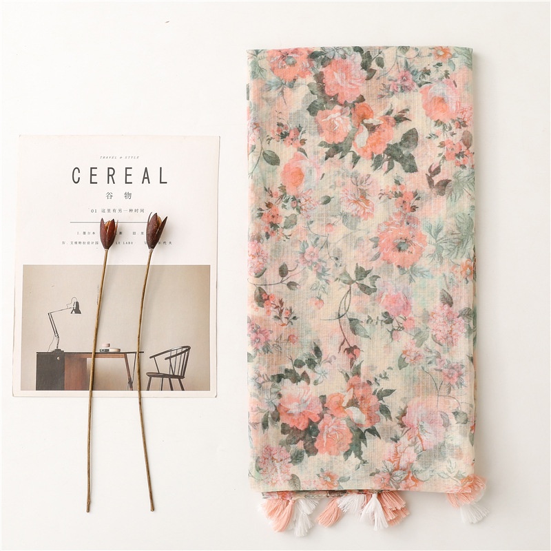 ITSFRIDAY 052214 Premium Scarf Selendang Pashmina Syal Shawl Pasmina Hijab Import Motif Flower Bougenville Pink CreamTassel-3