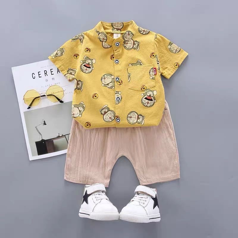 kemeja+celana anak laki laki/setelan kemeja anak cowok Doraemon Lucu Import Katun Umur 9 Bln-3 Thn-Doraemon Kuning