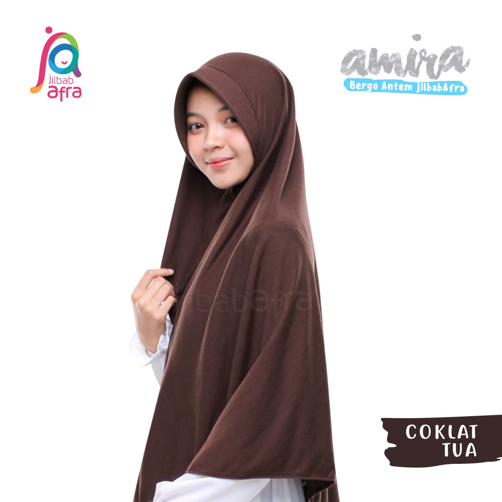 Jilbab Amira AFRA Bergo Pet Antem Hijab Dewasa Instan Bahan Kaos Adem-Coklat Tua