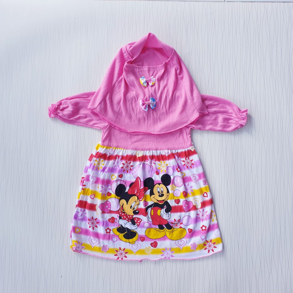 dress gamis anka usia 3-18 bulan minnie mickey sudah termasuk jilbab