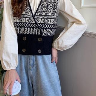 ➧ Korea Tanpa lengan longgar v-neck Rompi kisi Keausan luar sweater rajutan rompi ➭