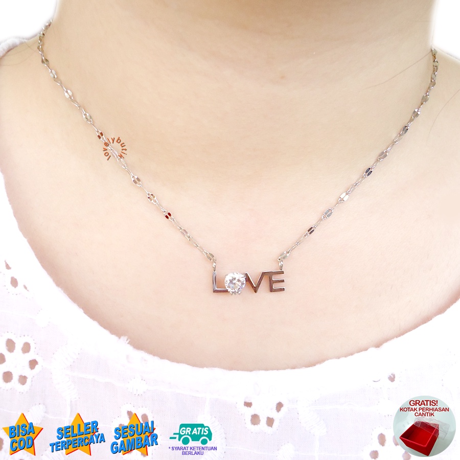 Lovelybutik - Kalung Titanium Wanita Anti Karat Anti Luntur Plus Liontin Tulisan Love 4Irin Kalung Titanium Asli Bonus Tempat Perhiasan