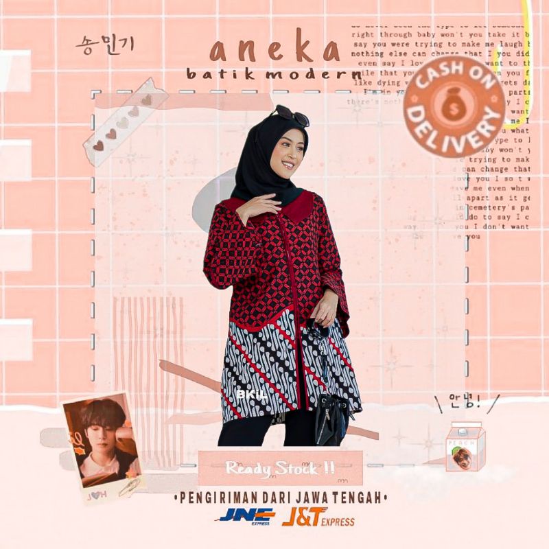 BKiL atasan baju batik cewsk tunik batik midi dress merah putih motif kawungg / parangg jumbo xxl