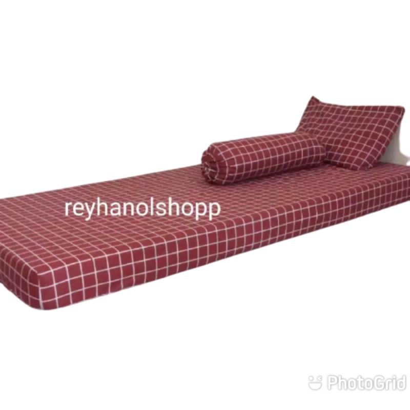 Sprei set sudut karet motif kotak dan polos single size: 90x200x15/120×200×15
