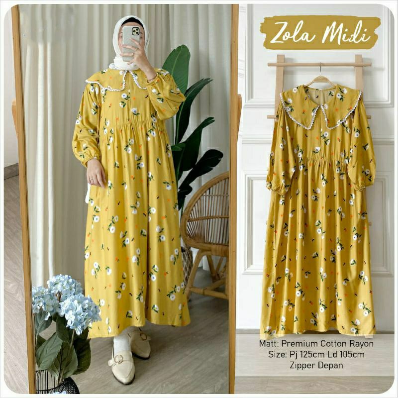 ZOLA MIDI DRESS / MIDI DRESS BUSUI / MIDI DRESS MOTIF BUNGA / MIDI DRESS KATUN RAYON / OUTFIT CASUAL