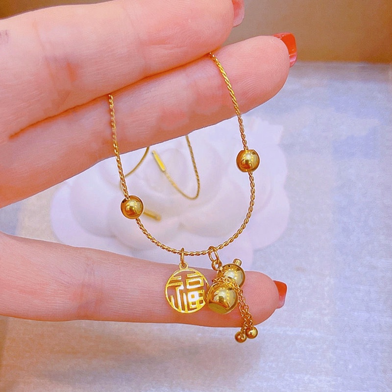 Gelang Titanium Rumbai Labu 'Fu' Keberuntungan Emas 18K Anti Karat Aksesoris Wanita Korea