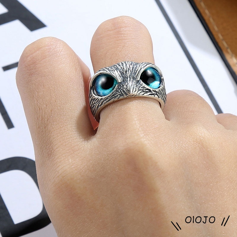 Vintage Style Burung Hantu Kristal Cincin Perak Hewan Pria Wanita Perhiasan Fashion Punk Crystal Rings - ol