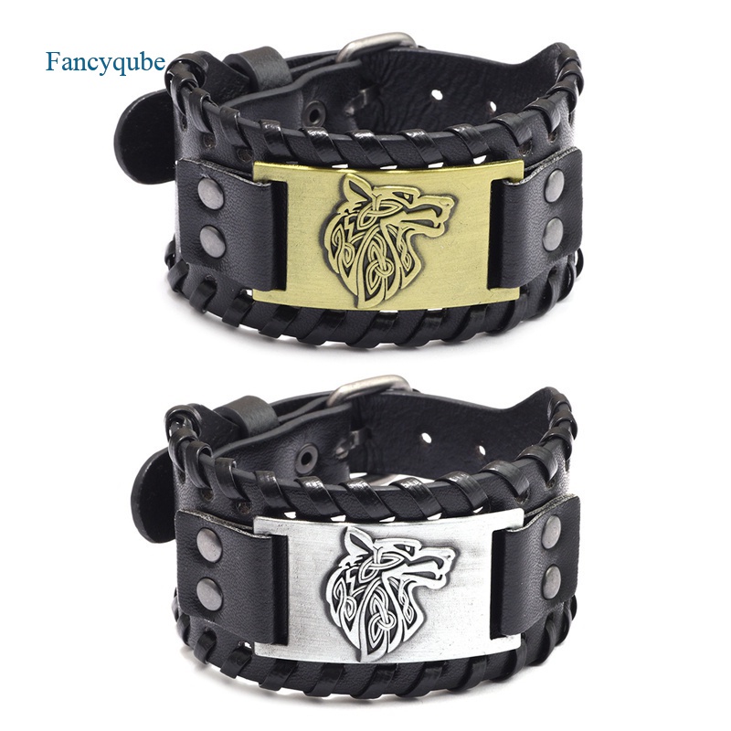 Fancyqube Gelang Tali Kulit Lebar Bahan Alloy Gaya Punk Untuk Pria