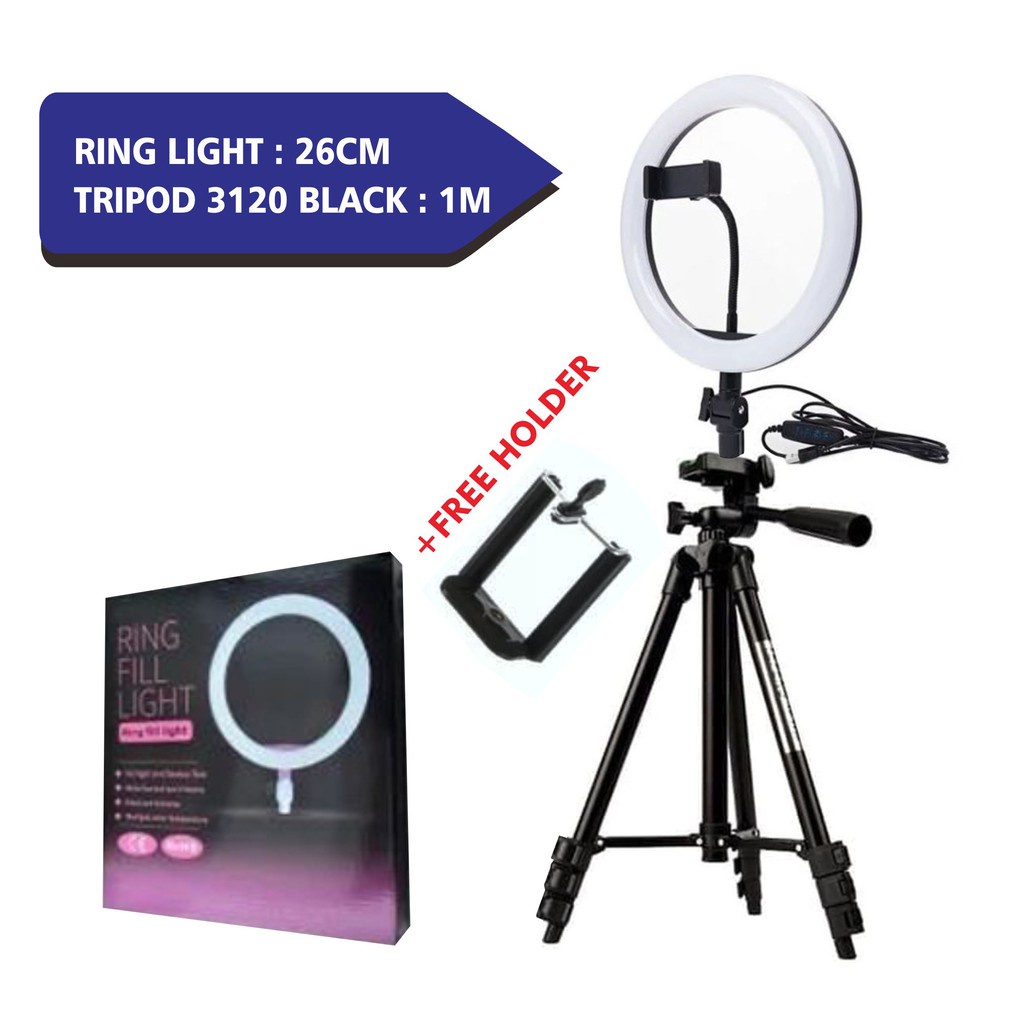 ringlight 26cm   tripod 3120 1m   holder hp selfie live vlog lampu ring light 26 cm