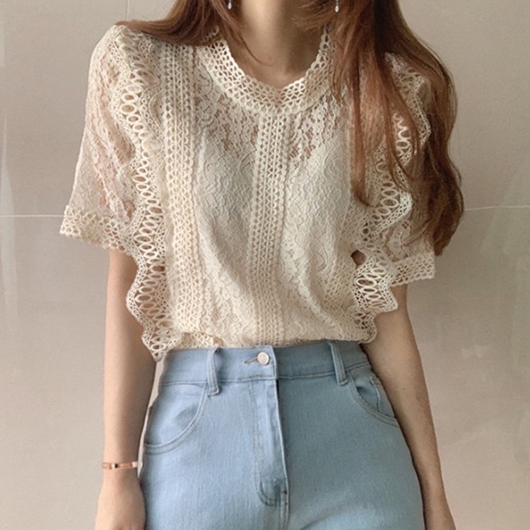 #Sisjuly# Wanita Kemeja Renda Musim Panas Baru Warna Solid Leher Bulat Lengan Pendek Crochet Hollow