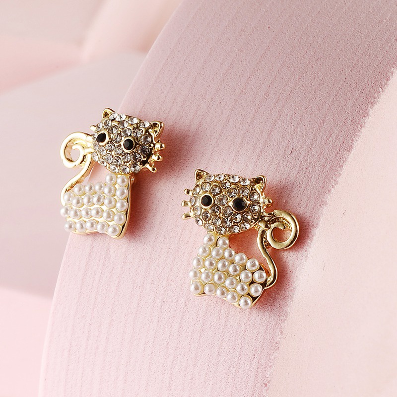 Fancyqube Anting Stud Desain Hewan Kucing Kuda Burung Aksen Mutiara Berlian Imitasi Untuk Wanita