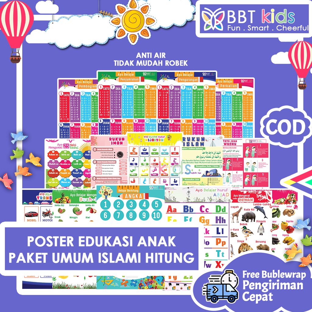 POSTER EDUKASI ANAK DINDING HURUF HIJAIYAH ANGKA HEWAN BUAH NABI DAN RASUL ISLAMI BERHITUNG