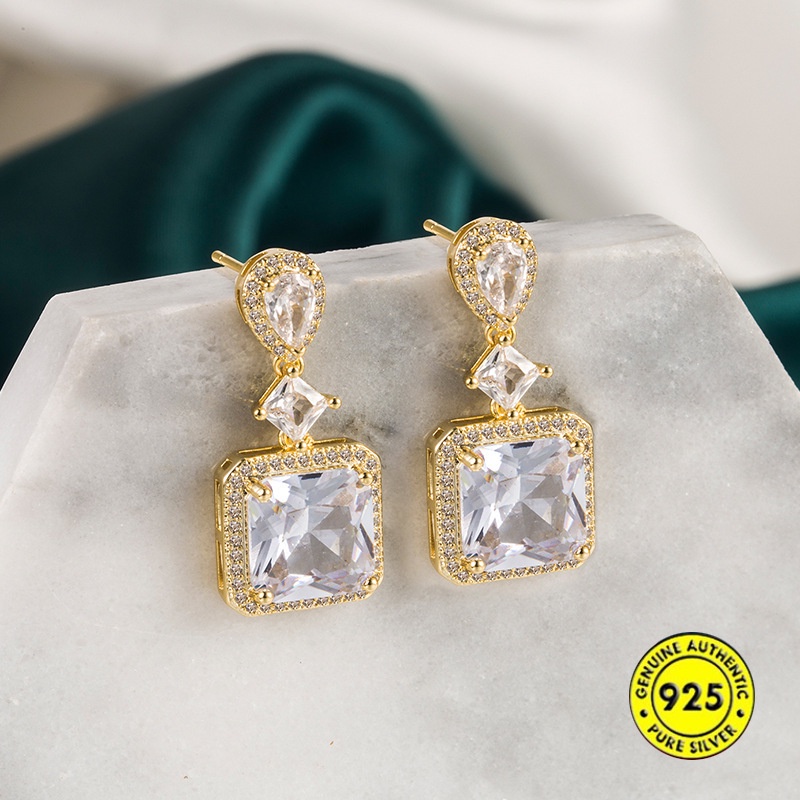 Anting Bahan Sterling Silver 18K Gold Bentuk Persegi Aksen Zircon