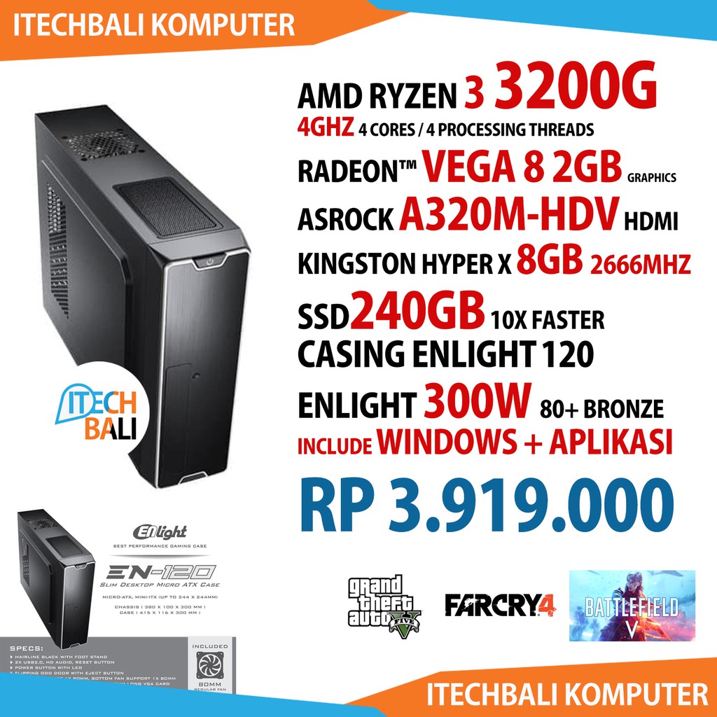 KOMPUTER Gaming Murah AMD RYZEN 3 3200G + VEGA 8 2GB + 8GB + 240GB Garansi Resmi Free GTA 5