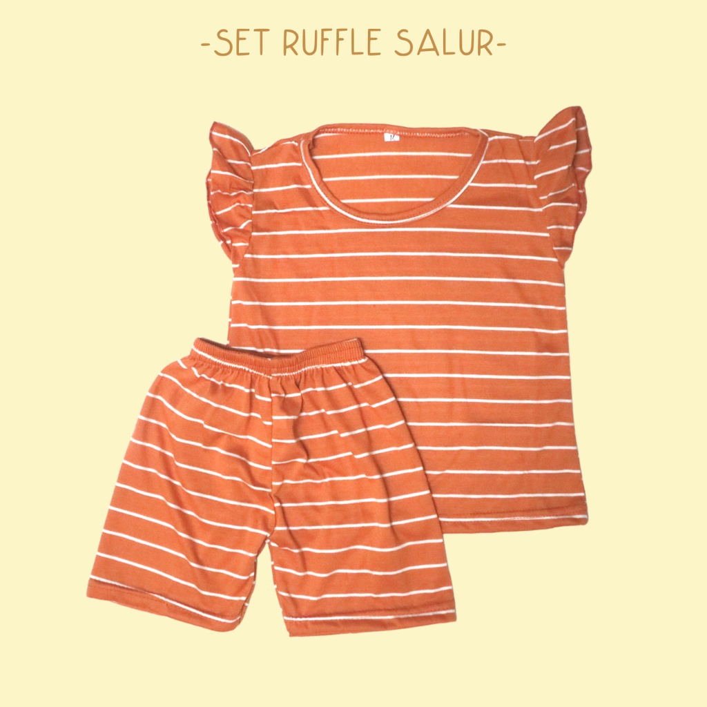 BabynKids - Setelan Anak Perempuan / Setelan Anak Ruffle Set / Set Salur Ruffle Anak / Setelan Anak Harian/ ruffle salur warna