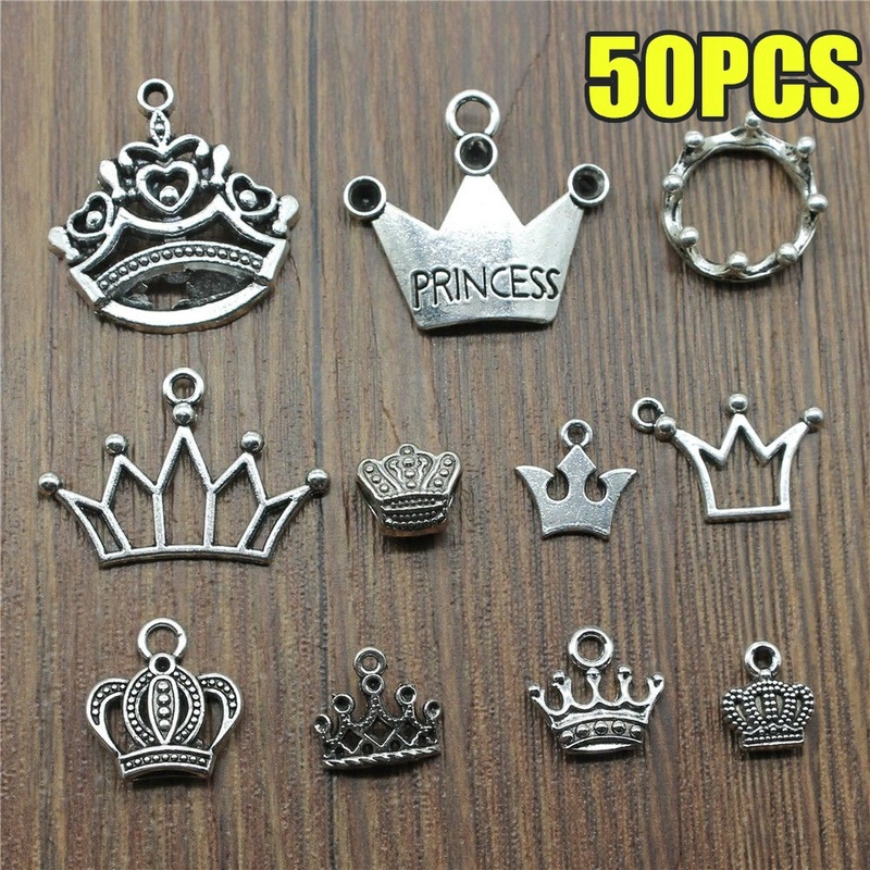 50PCS Mixed Tibetan Silver Crown Pendants For Necklace Jewelry Making