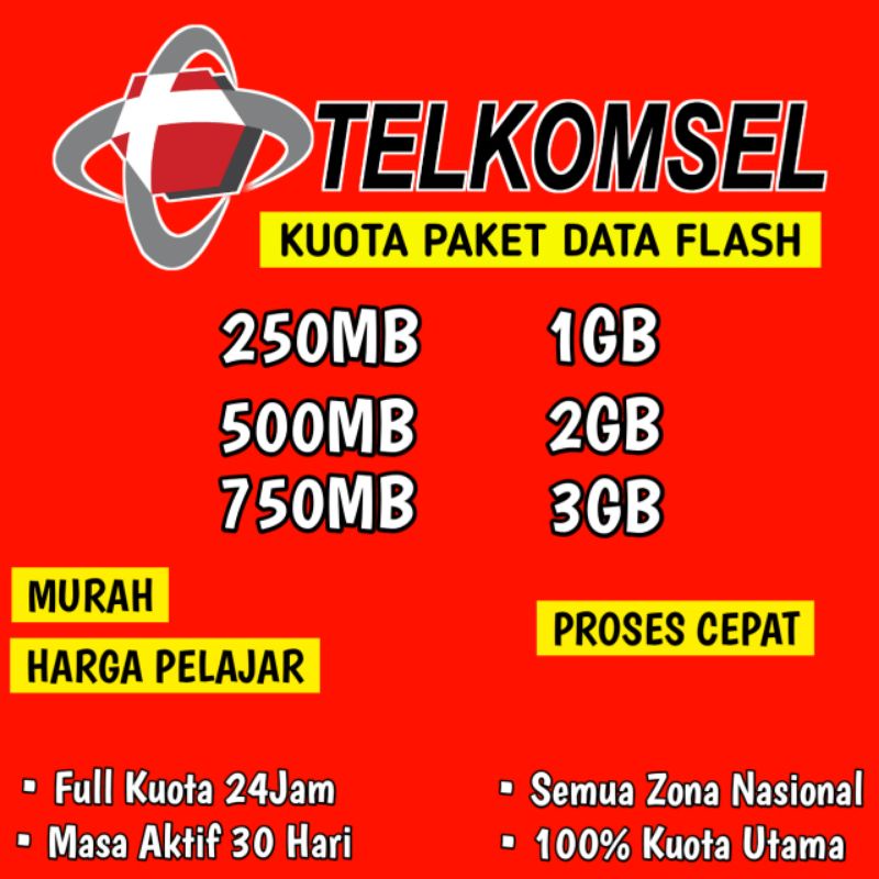 Paket Data Telkomsel Flash Full Kuota Utama 24jam 250MB / 500MB / 750MB / 1GB / 2GB / 3GB FLASH / PA