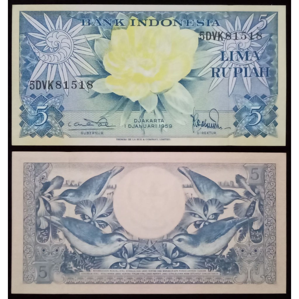 Uang Kuno 5 Rupiah Tahun 1959 Seri Bunga Nomer Cermin/ RADAR (81518) UNC