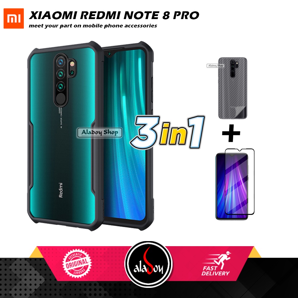 Case XIAOMI REDMI NOTE 8 PRO Armor Fushion Transparent Casing + Tempered Glass Full Layar dan Skin Carbon