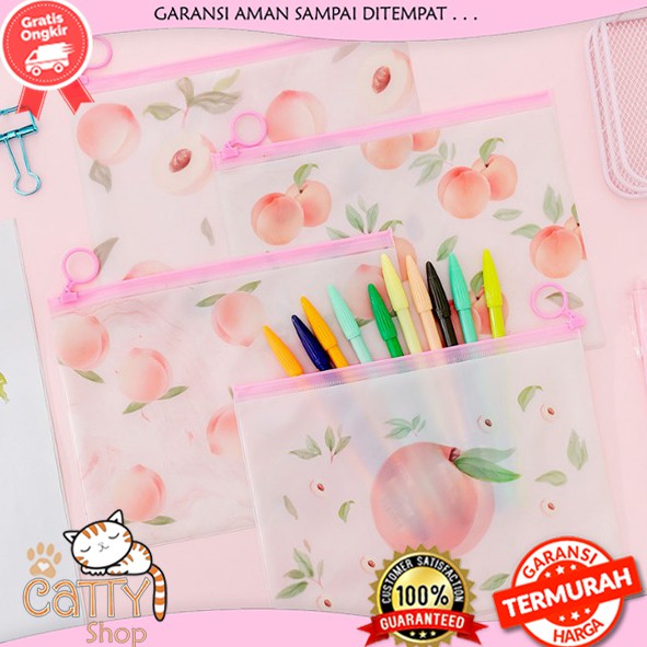 

CATTY ZIPPER BAG TRANSPARAN PINK PEACH / TEMPAT PENSIL BUAH PERSIK / MAP FILE / TEMPAT PENSIL