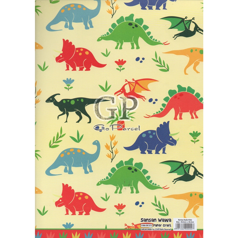 ( 5 Lembar ) DINO SANWA - KERTAS KADO DINOSAURUS - GIFT WRAP PAPER SANSAN WAWA DINOSAURUS CUTE ANIMAL T-REX  / BRONTOSAURUS / TRICERATOPS / VELOCIRAPTOR / DILOPHOSAURUS / SPINOSAURUS / CORYYTHOSAURUS / TYRANNOSAURUS REX