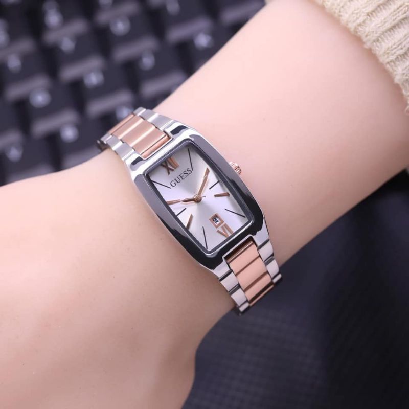 (Grosir)Jam Tangan Wanita Fashion Gues Oval Tanggal Aktif Strap Rantai/Stell(Terima Cod)