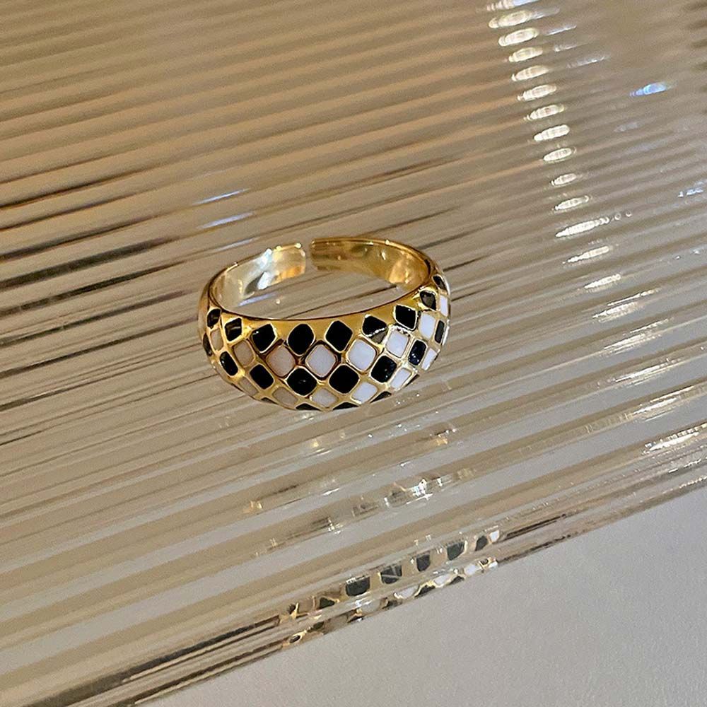 Needway  Women Girls Checkerboard Grid Rings Romantic Open Rings Metal Rings Dripping Oil Gold Color Black White Grid Geometric Adjustable Vintage Korean Style