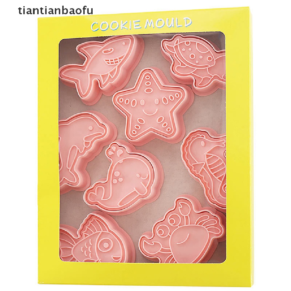 8pcs / Set Cetakan Pemotong Kue / Biskuit / Fondant Bentuk Kartun Hewan Laut / Kepiting / Lumba-Lumba 3D DIY