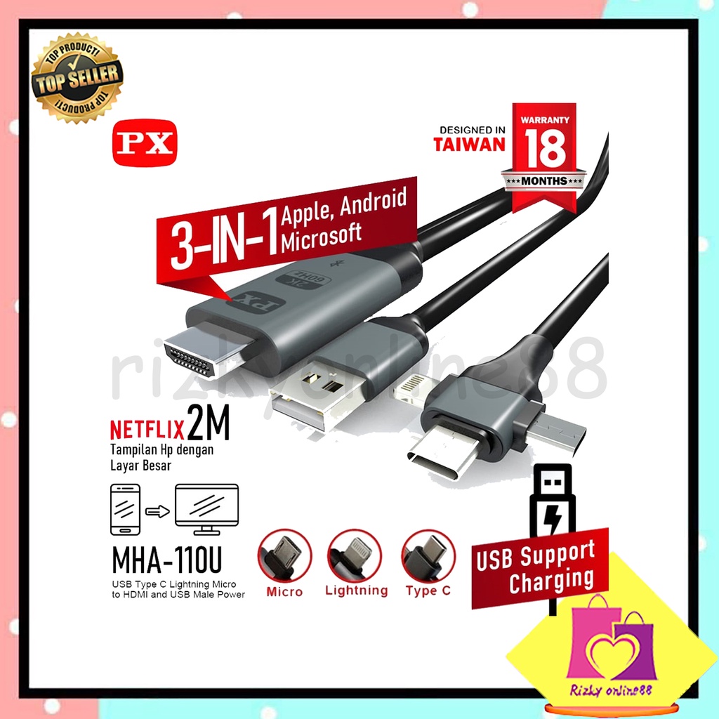 rizkyonline88 kabel MHL HDMI to micro type C lightning to TV IOS android PX MHA110U