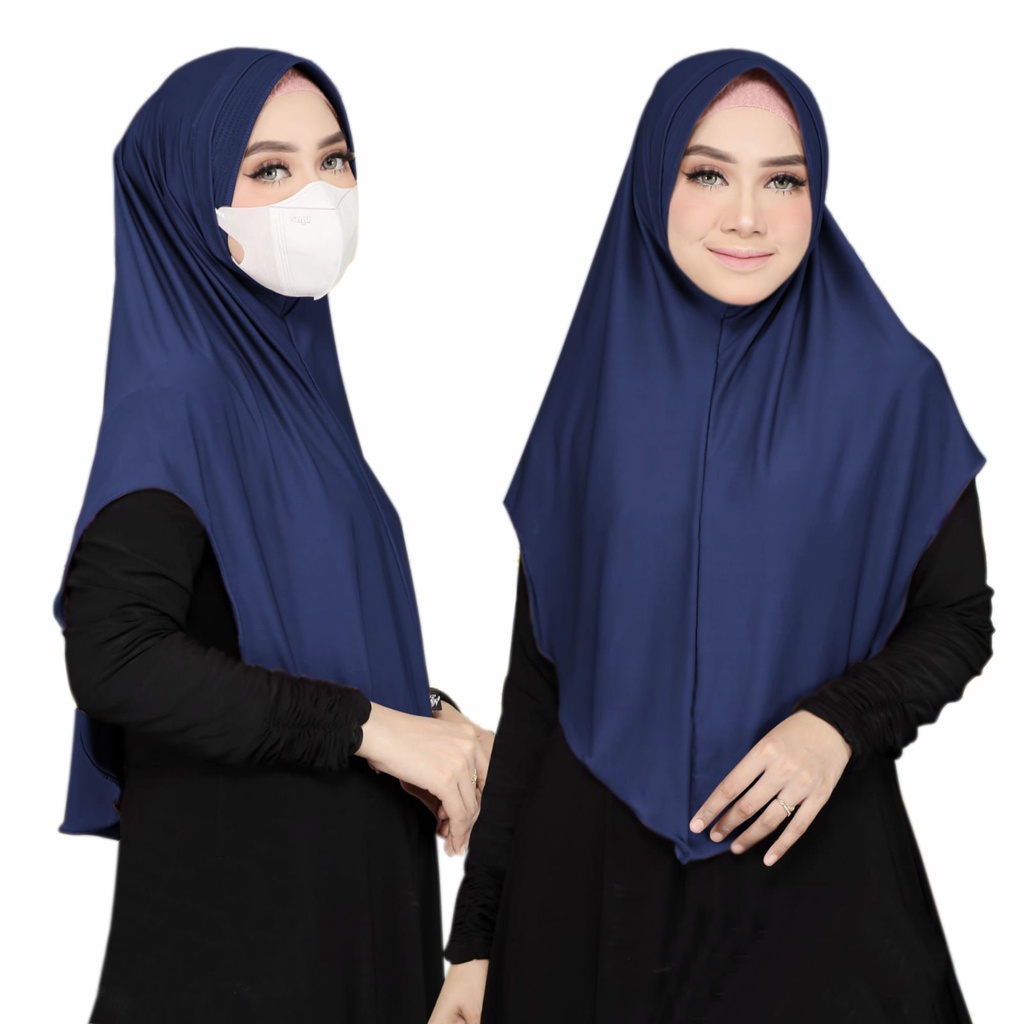 Jilbab Instan Melinda Jersey / Hijab Daily Masker Dan Headset model jilbab lubang telinga earphone (Bergo Melinda)-Navy